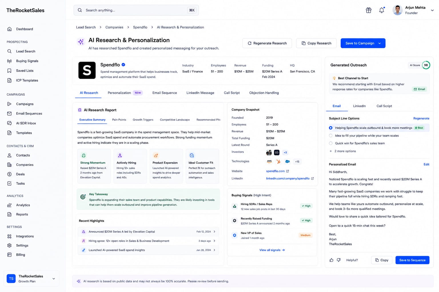 AI research and personalization workspace generating outreach copy