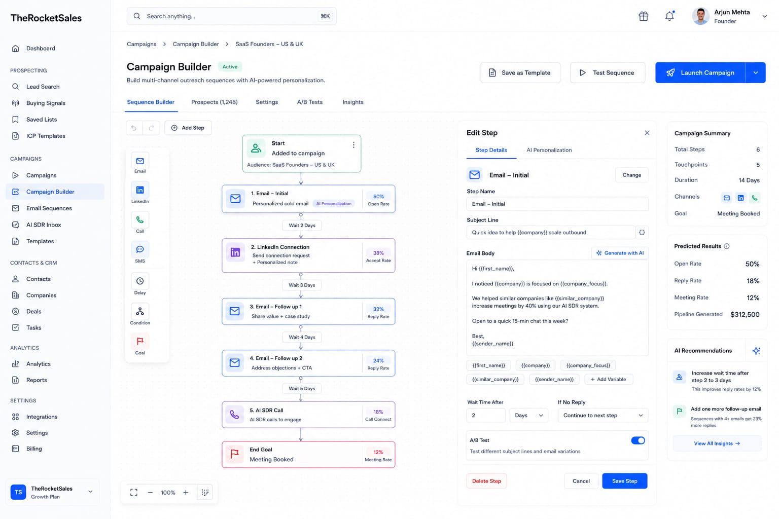 Visual campaign sequence builder with multi-channel steps