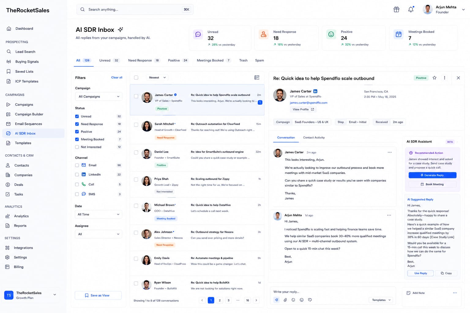 AI SDR inbox with conversations and AI suggested reply