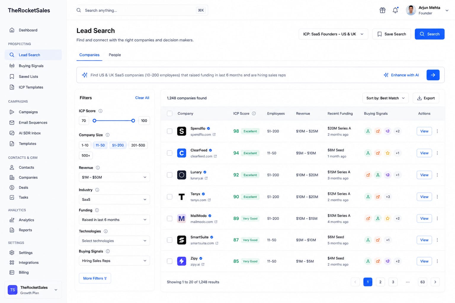 Lead search screen with natural language query and company results